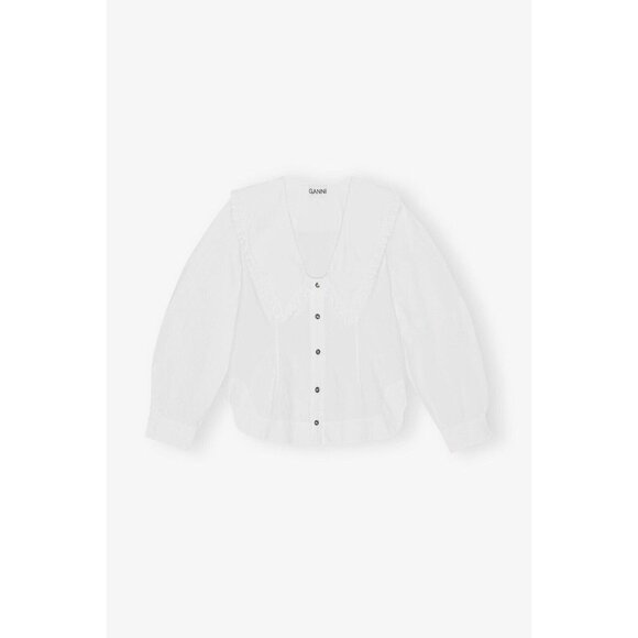 GANNI White Cotton Poplin V-Neck Frill Collar Button Up Shirt Blouse, Size 32/0 - Picture 5 of 16